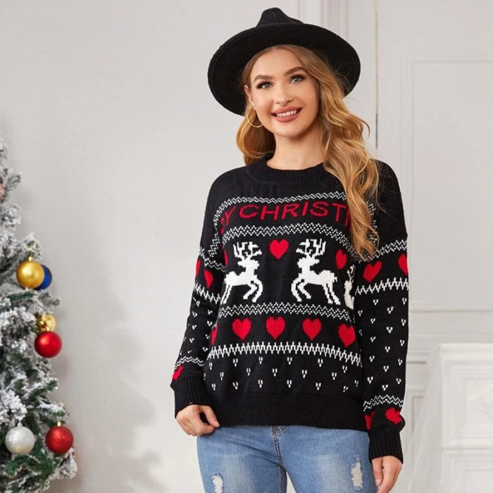 christmas knitted sweater with cute elk and heart print95e