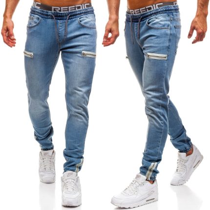 denim fabric frosted zipper design sports jeans