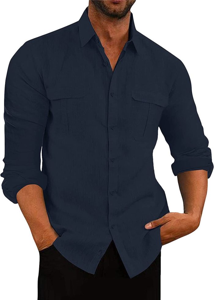 mens double pocket cotton linen shirts 5