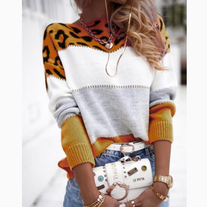 Casual Sweater with Leopard Print Design for Women