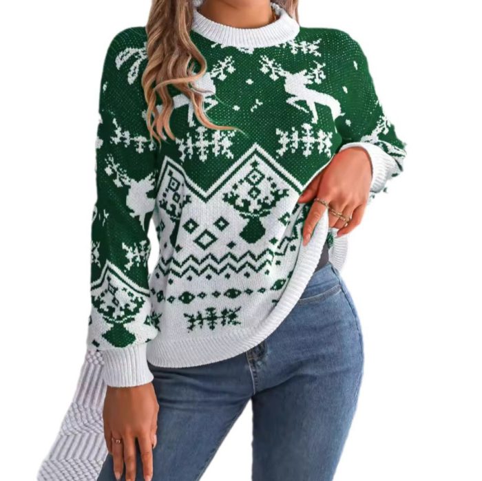 Green Color Deer Pattern Sweater for Women