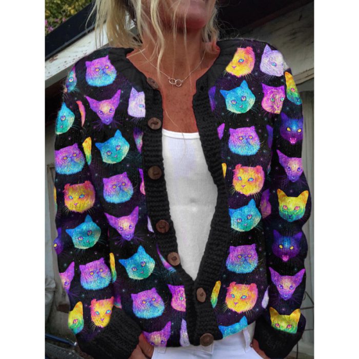 Knitted Cardigan Featuring Unique Prints for Women