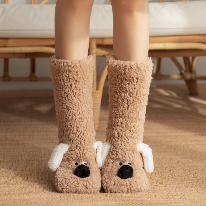 Fleece-Lined Cartoon Dog Socks for Women