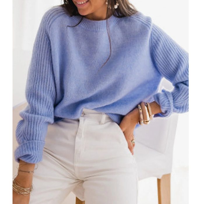 Casual Blue Sweater with Long Sleeves for Women