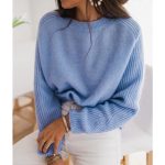 Ladies’ Blue Pullover Sweater with Round Collar