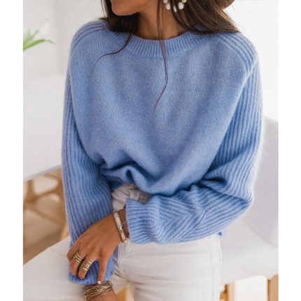 Ladies’ Blue Pullover Sweater with Round Collar
