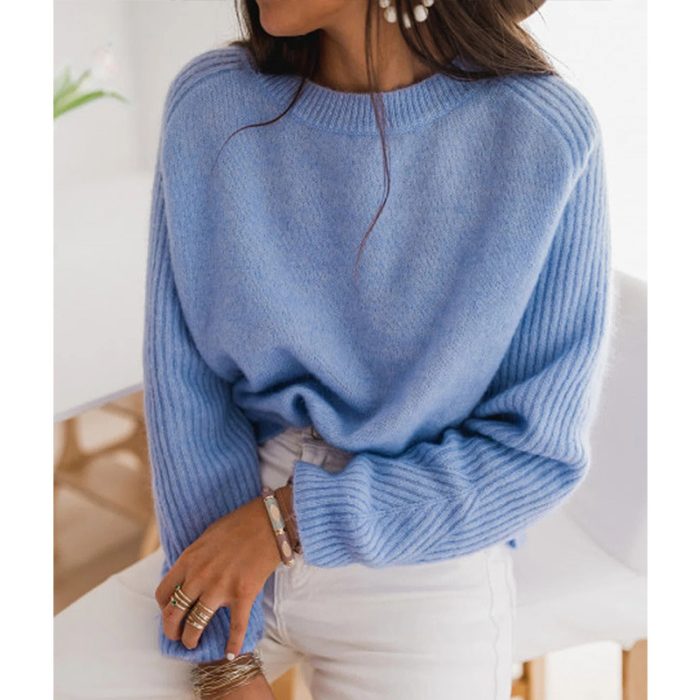 Ladies’ Blue Pullover Sweater with Round Collar
