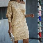 Long Sleeve Oblique Shoulder Sequins Dress