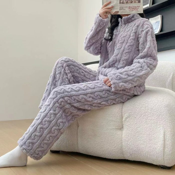 Soft Coral Fleece Pajama Set for Ladies