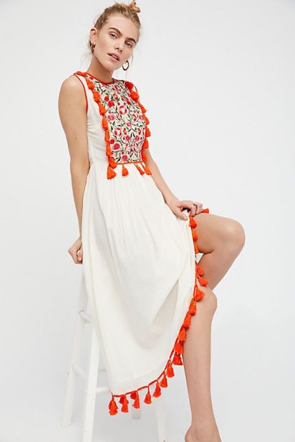 Embroidered Floral Fringe Bohemian Sleeveless Dress