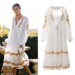 long skirt V neck embroidered loose dress