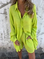 women long sleeve shirt elastic shorts set