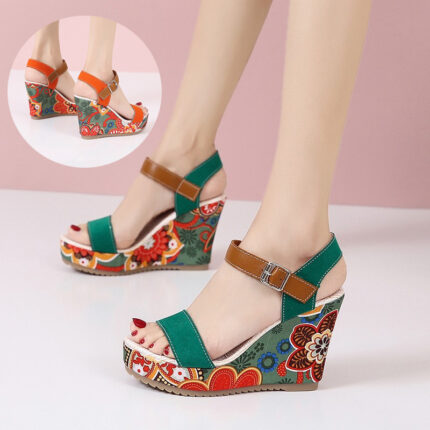 Embroidered Floral High Wedge Sandals