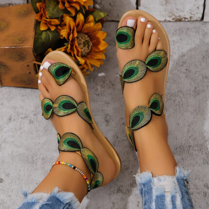 peacock embroidery flat sandals